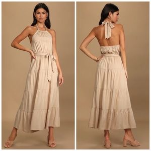 Lulu's Beige Halter Tie-Back Tiered Maxi Dress
